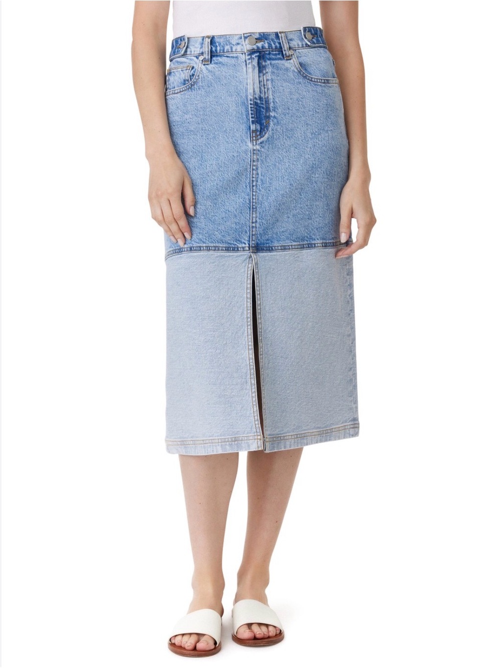 Habitual Denim Midi Skirt with Front Slit/Back Slit